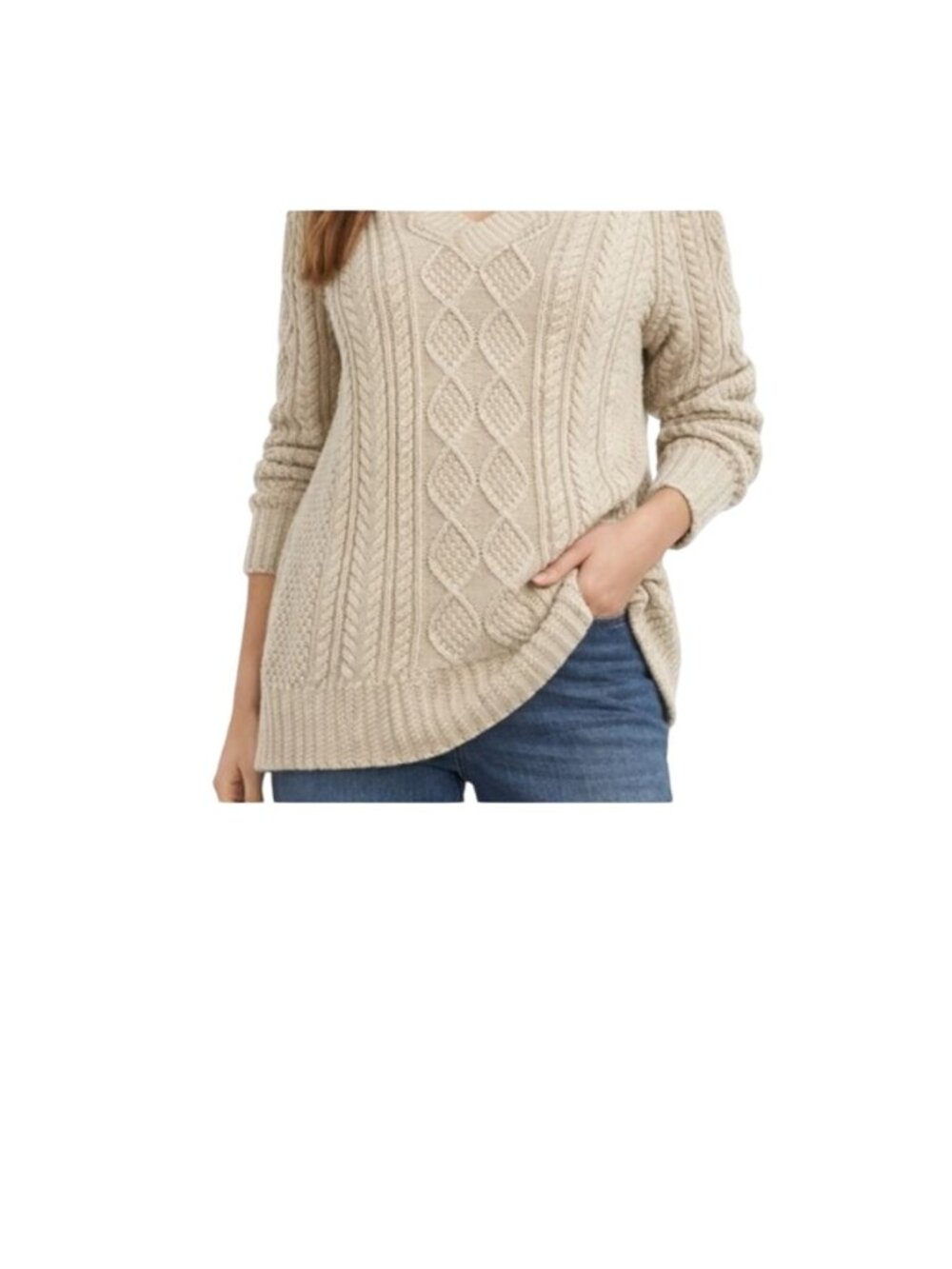 L.L.Bean Signature Womens Beige Cotton Cable Knit V-Neck Sweater S Fisherman